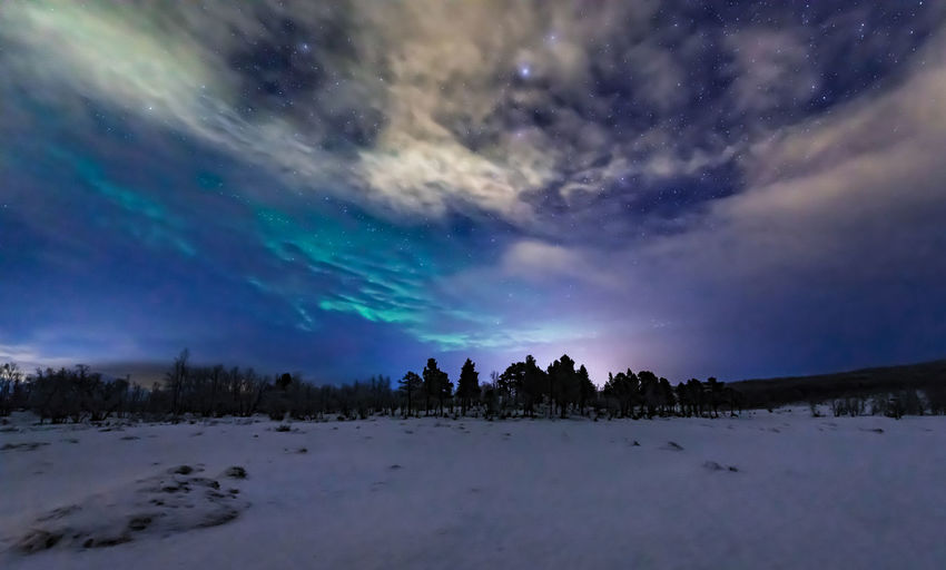 Panoramic view of snowy field against sky at night