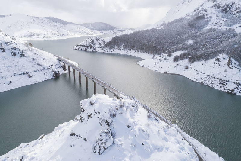 Snowy reservoir from aerial view