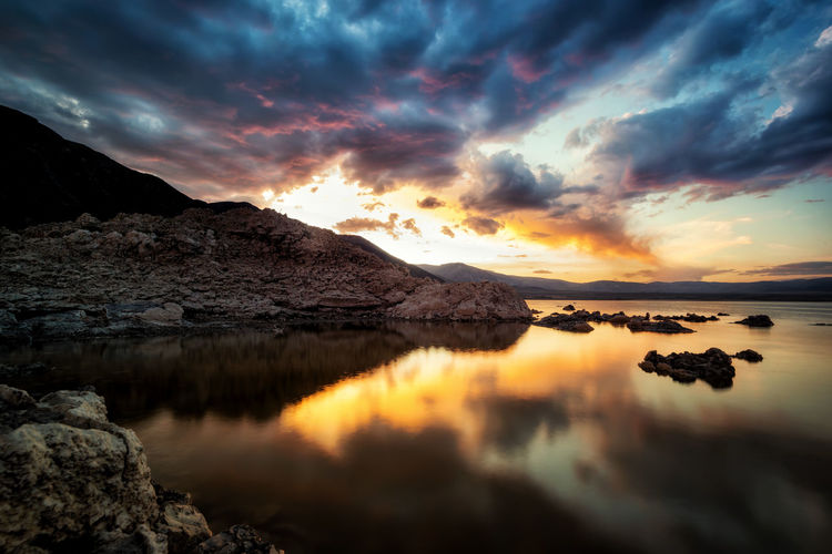 Scenic view of lake against sky during sunset