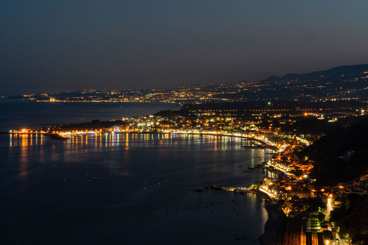 Panoramic view of taormina coast. view from villa comunale