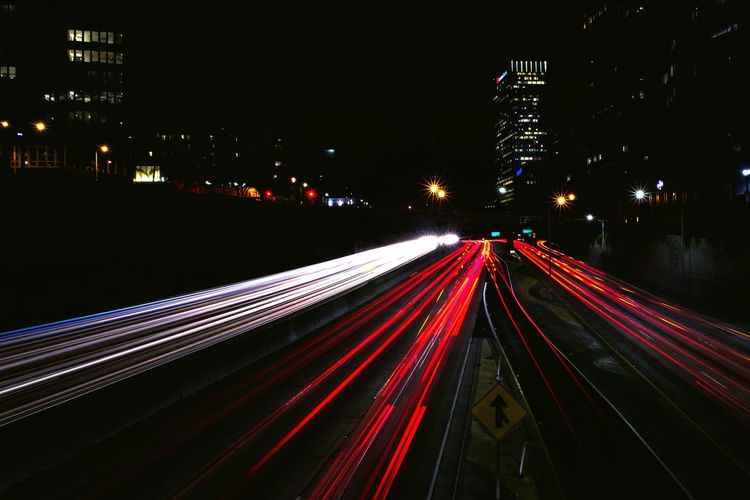 Light trails on road at night