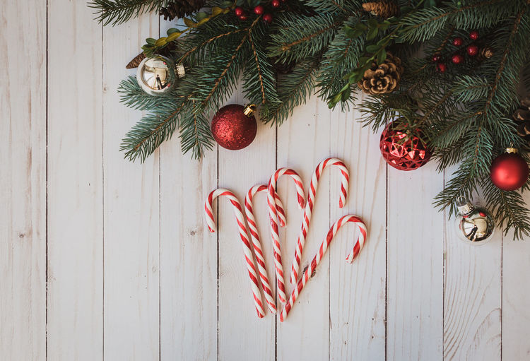 Candy canes on white wood backdrop with christmas decorations.