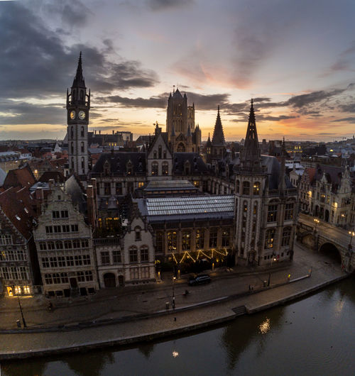 High angle view of city at sunset