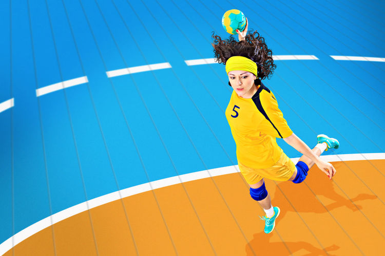 Digital composite image of woman playing basketball