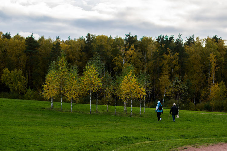 People standing on field against trees during autumn
