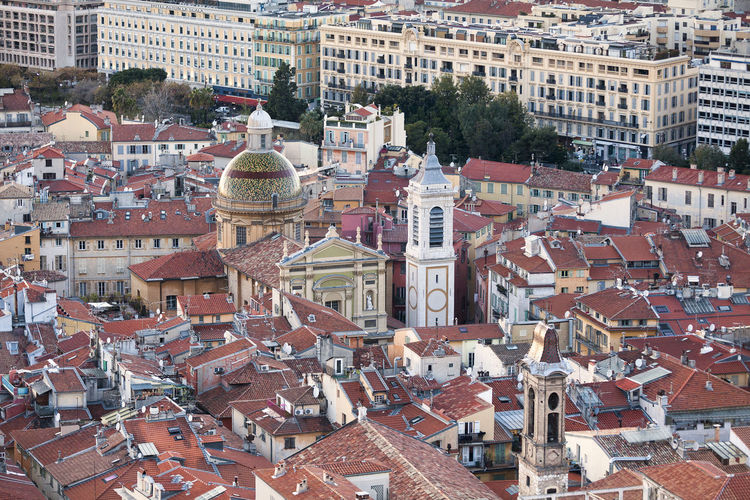 Nice, france - march 26 2019. aerial view at sunset of the nice cathedral and the church of the gesu