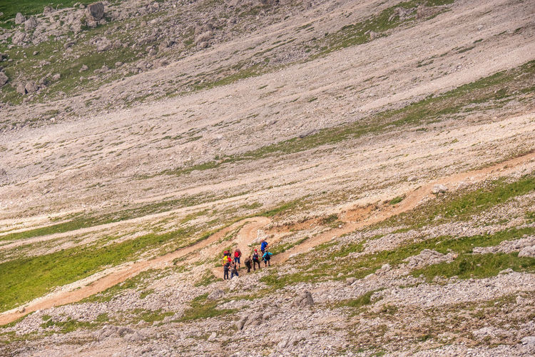 Mountain hikers on a winding road on a mountain slope