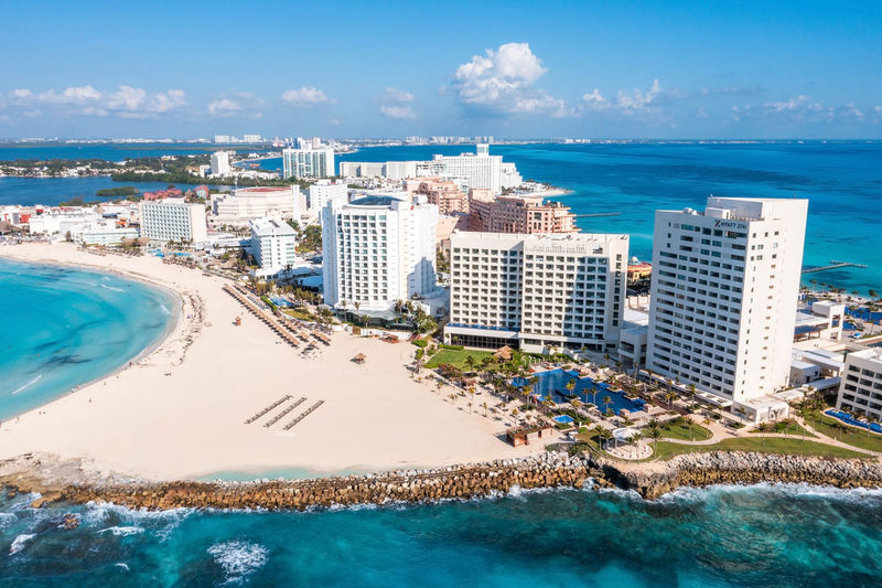 Aerial view of the luxury hotels in cancun