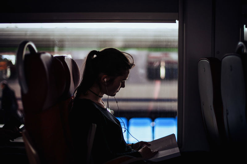 Woman working in train