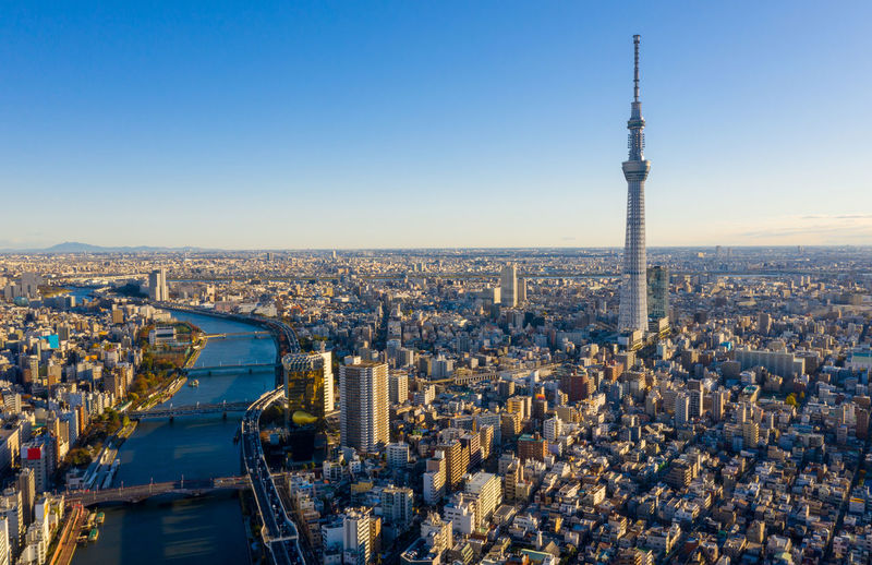 Aerial view sunrise of tokyo city skyline,japan