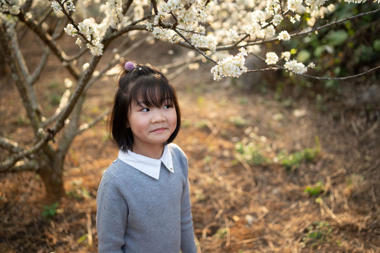 Portrait of cute smiling girl in plum blossoms garden