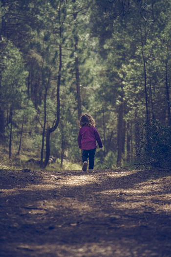 Little girl hiking in the woods on a cold autumn day with coat. active family holidays with children