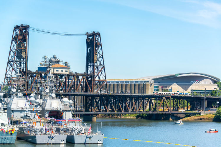 Steel bridge over willamette river against sky