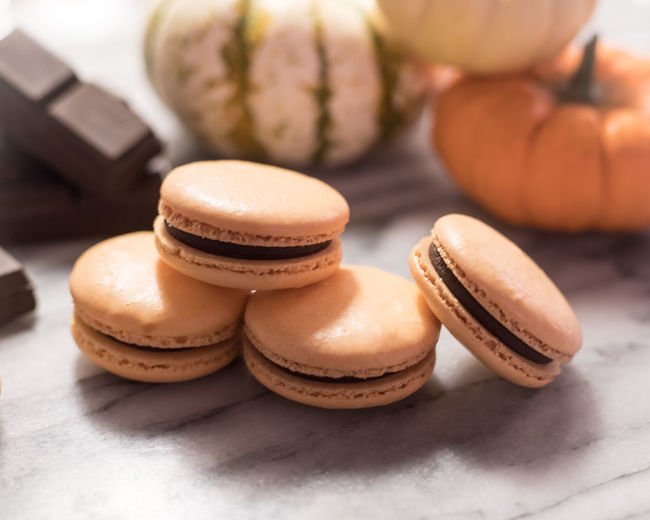 Pumpkin chocolate macarons with chocolate pieces and mini gourds
