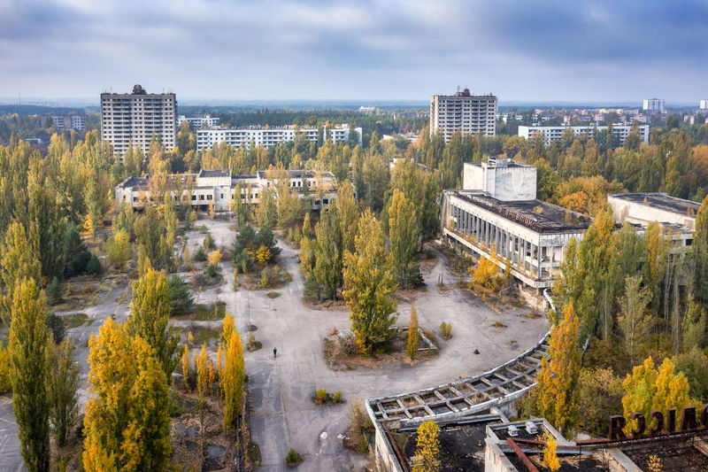 Ukraine, kyiv oblast, pripyat, aerial view of empty square of abandoned city