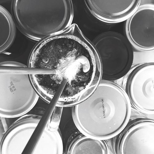 Directly above shot of food ingredients in jar amidst containers