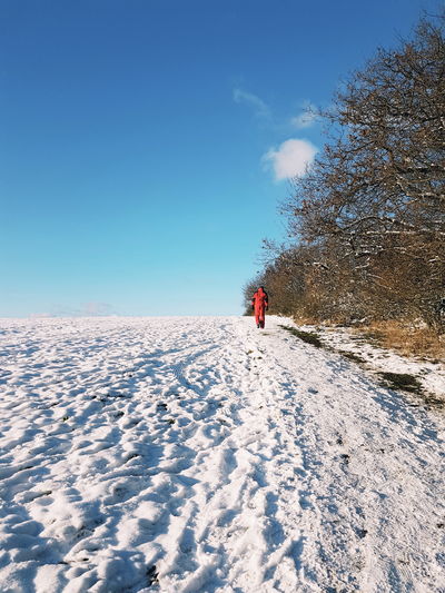 Rear view of person on snow covered land against sky
