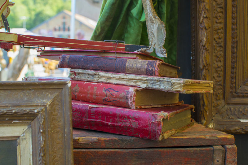 Close-up of old books on table