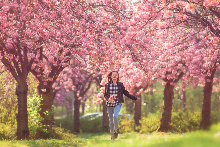 Full length of woman with pink cherry blossom