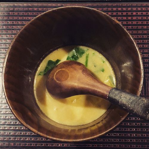 High angle view of soup in bowl on table