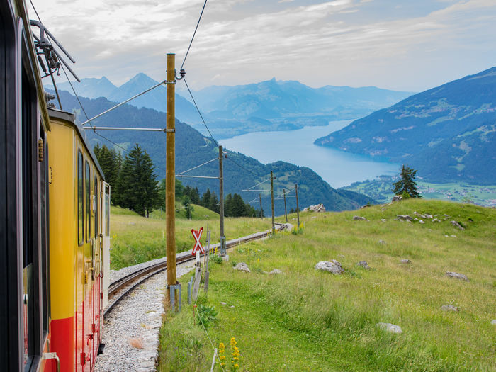 Scenic view of river and mountains seen from train