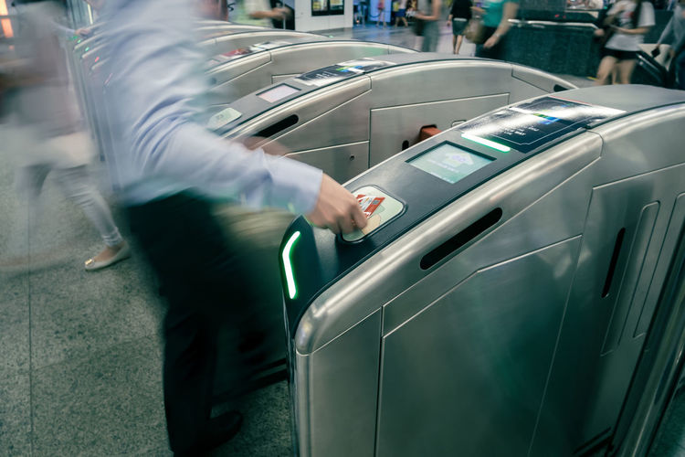 Blurred motion of man traveling in bus