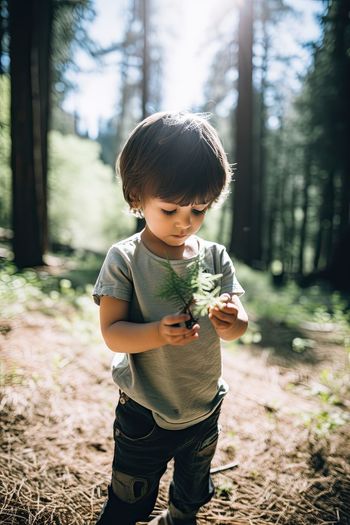 Portrait of a small kid holding a plant in his hands.ai generated