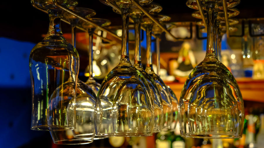 Close-up of wine glass bottles