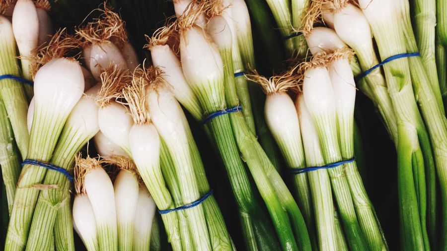 Bunch of spring onions for sale in market