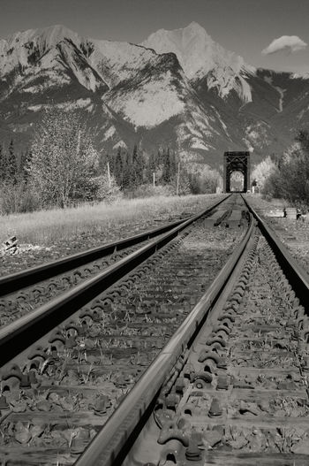 Railway tracks on landscape against sky