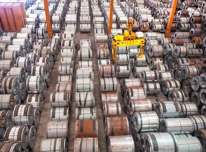 High angle view of huge rolled up cables at industry