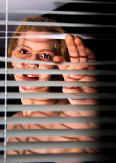Portrait of young woman seen through blinds