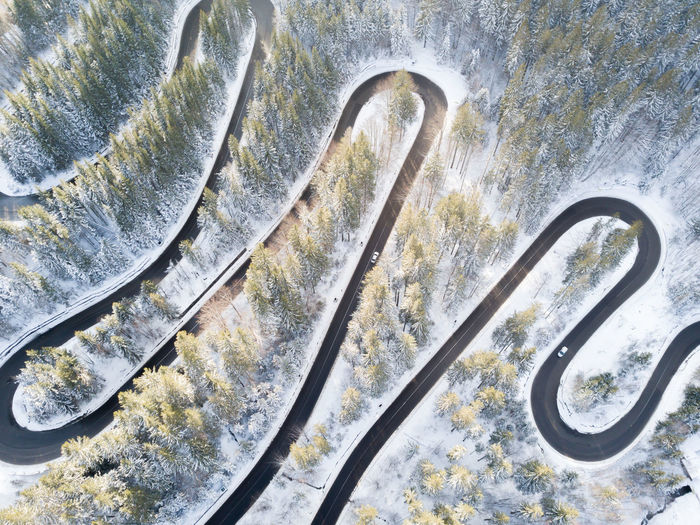 High angle view of snow on road