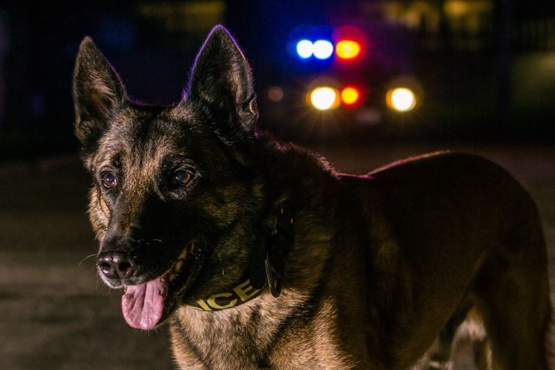 Close-up of police dog on road at night