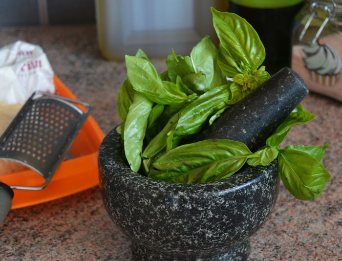 View of pesto ingredients and mortar