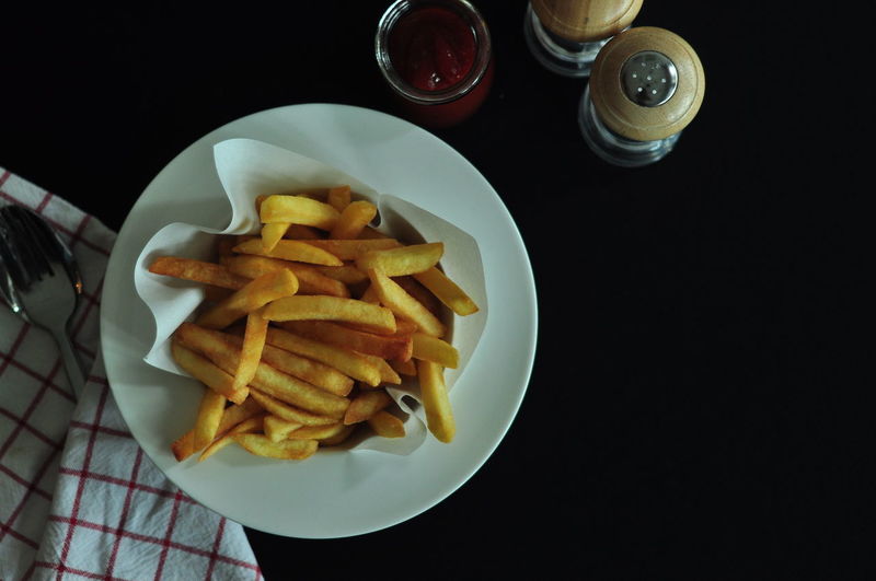 High angle view of food served on table