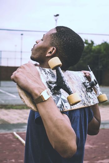 Portrait Black Guy Skateboard Sky Court Photography
