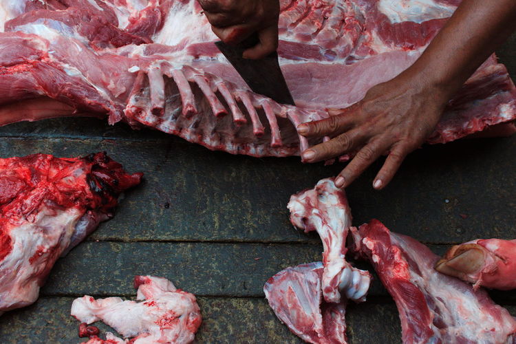 Close-up of human hand cutting meat