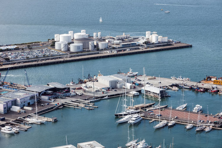 High angle view of harbor by city