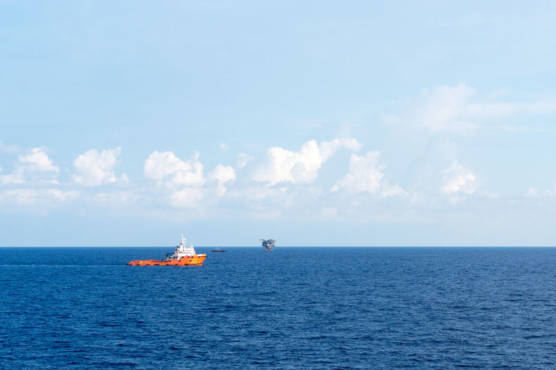 A supply vessel maneuvering at offshore terengganu oil field