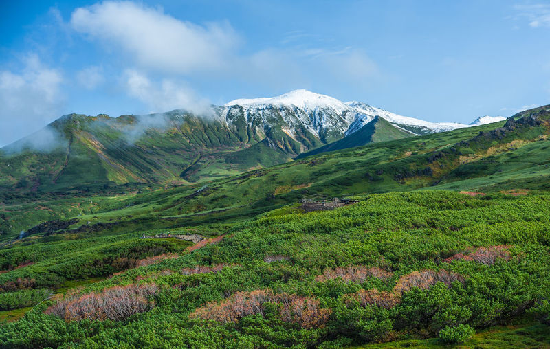 Summer mountain landscape with snow on the top.