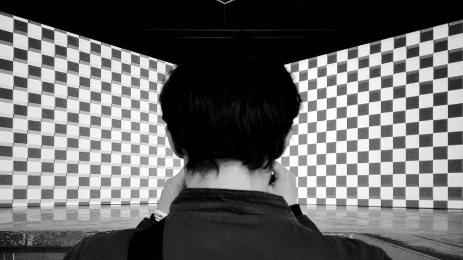 Rear view of man against checked pattern wall at palais de tokyo
