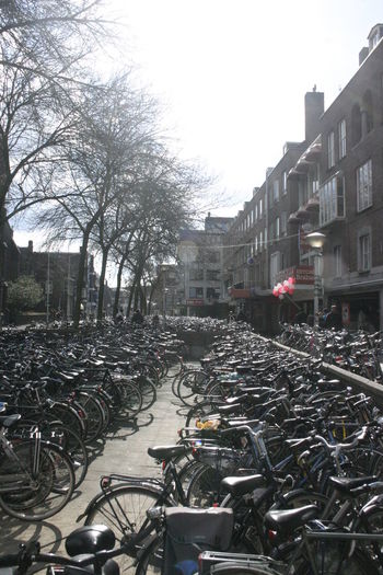 Bicycle parked in city against sky
