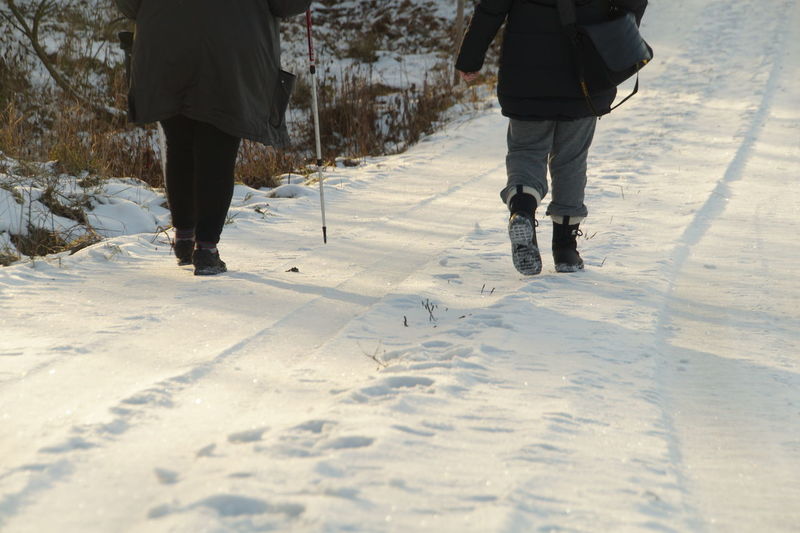 Low section of people walking on snow field