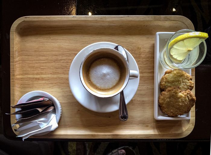 High angle view of coffee on table