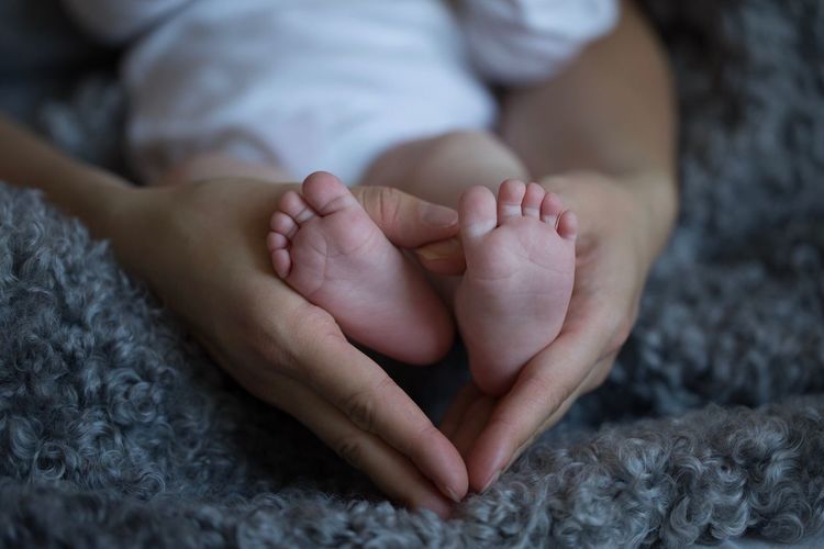Close-up of adult holding baby's feet