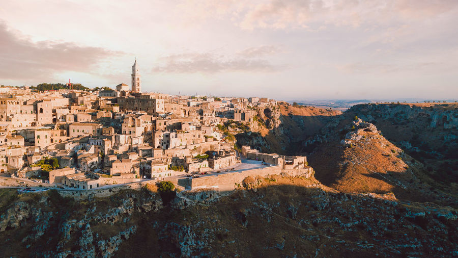 Overview of the whole city of matera at dawn