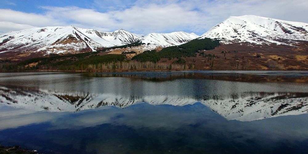 Scenic view of snowcapped mountains and lake against sky