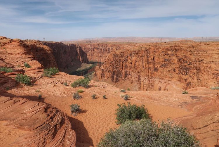 Orange landscape- rocks, sand, canyon walls and the colorado river
