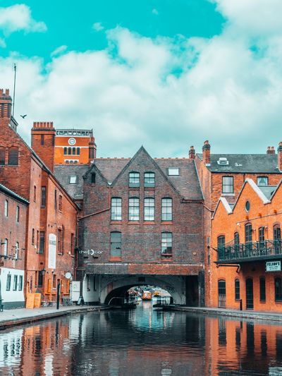 Buildings and river against cloudy sky